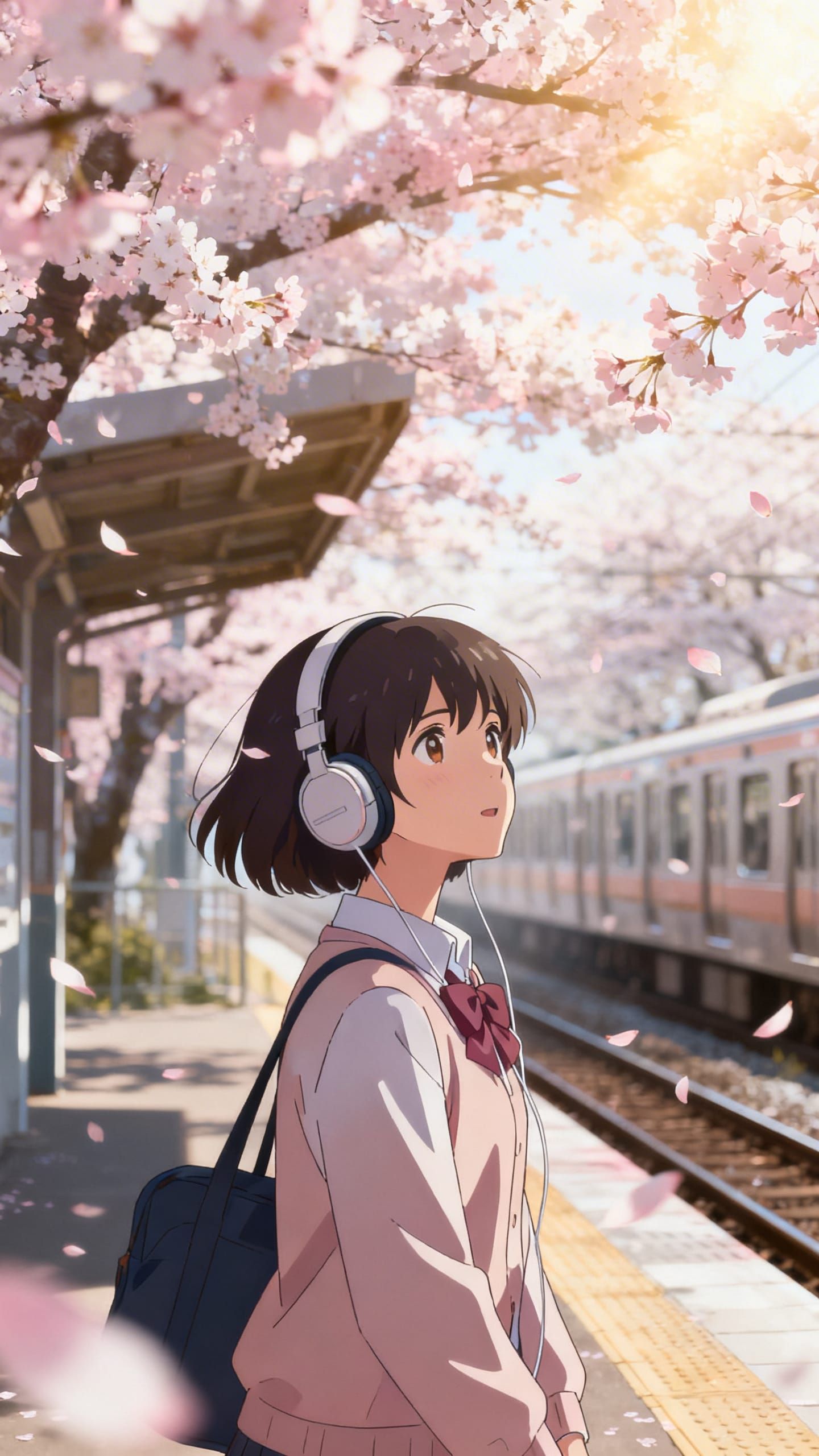 Anime Girl on Spring Train Platform with Cherry Blossoms