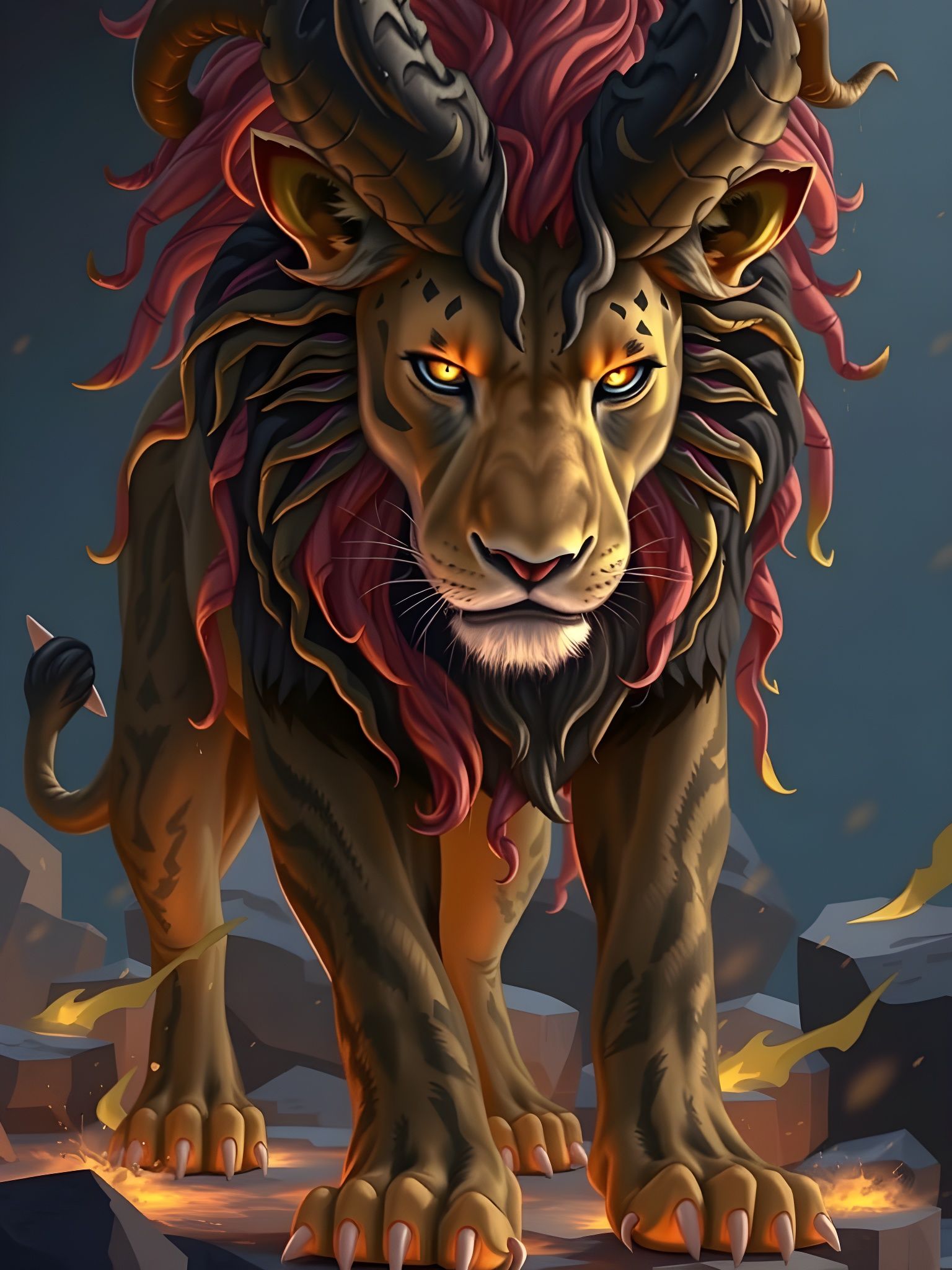 Lion with Black Horns and Fire Hair
