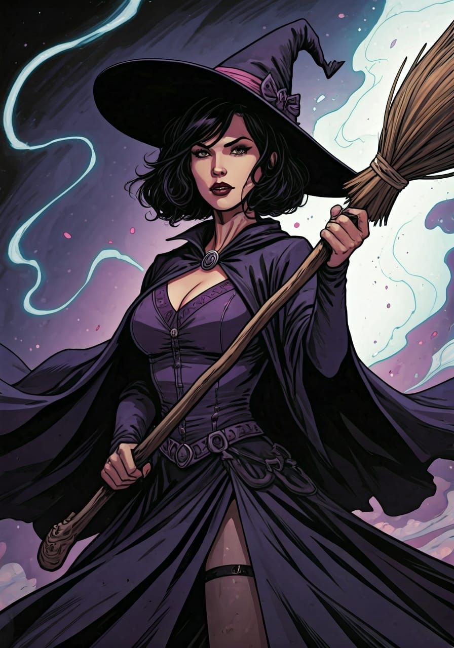 Witch Conjuring Broom in Graphic Novel Illustration