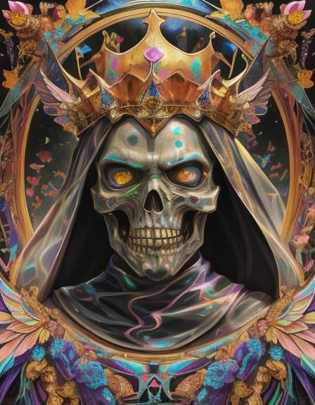 Reaper with Golden Crown and Iridescent Wings
