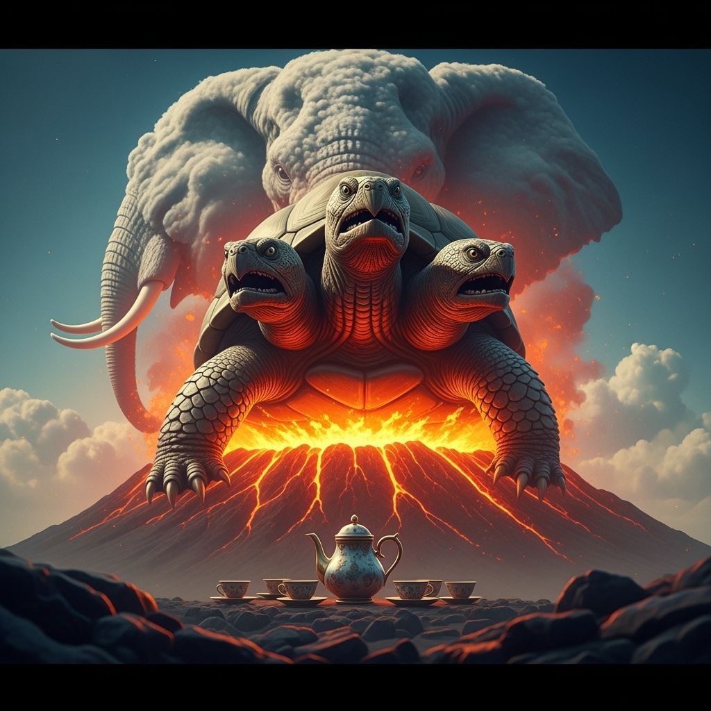 Volcano Erupts Three-Headed Turtle Amidst Elephant Cloud