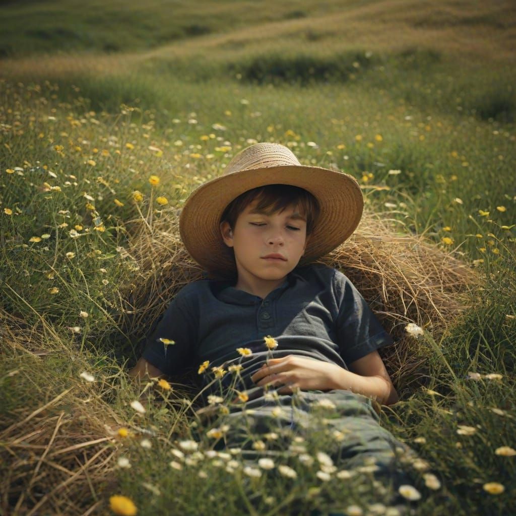 Boy Resting in Sunny Mountain Pasture with Flowers