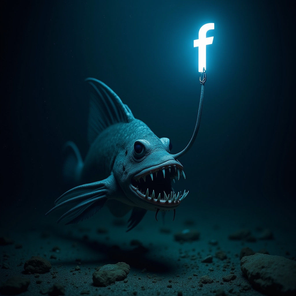 Surreal Deep-Sea Scene in Dark Ocean Abyss with Glowing Angl...