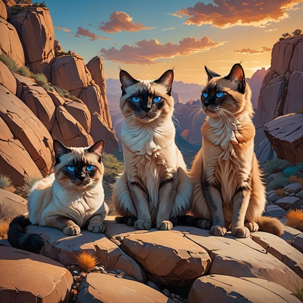 Siamese Cats at Desert Sunset, Greg Rutkowski Style