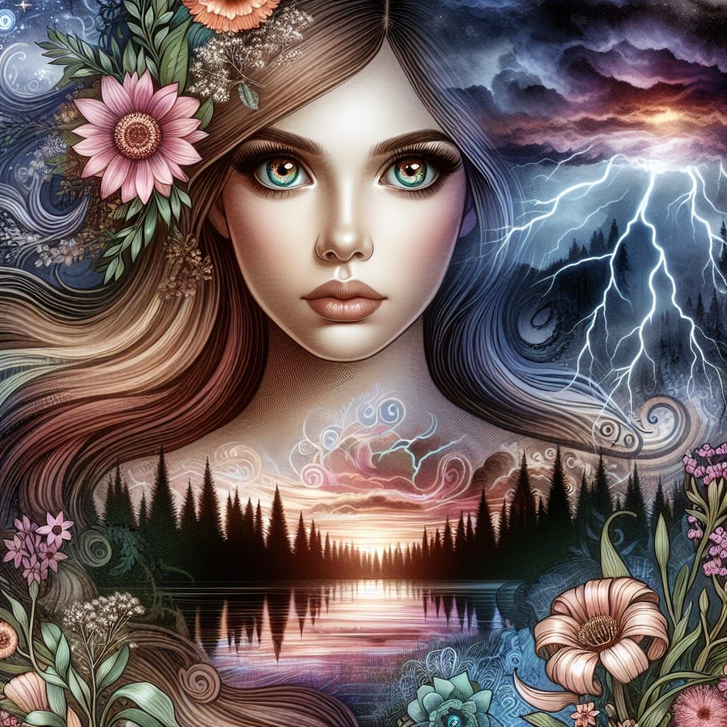 Mystical Woman with Lake and Storm: Fairytale Illustration
