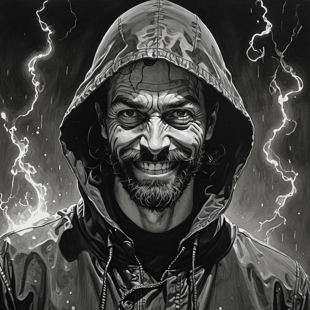 Sinister Hooded Figure Grinning in Film Noir Style