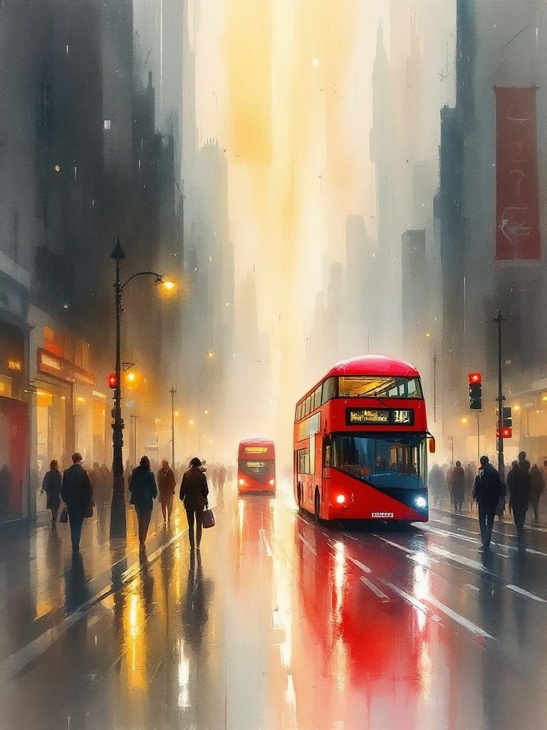 Dreamlike Watercolor of Rainy London Streets