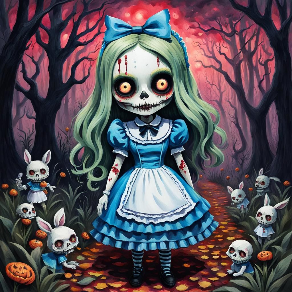 Spooky Chibi Zombie Alice in Wonderland in Gouache Style