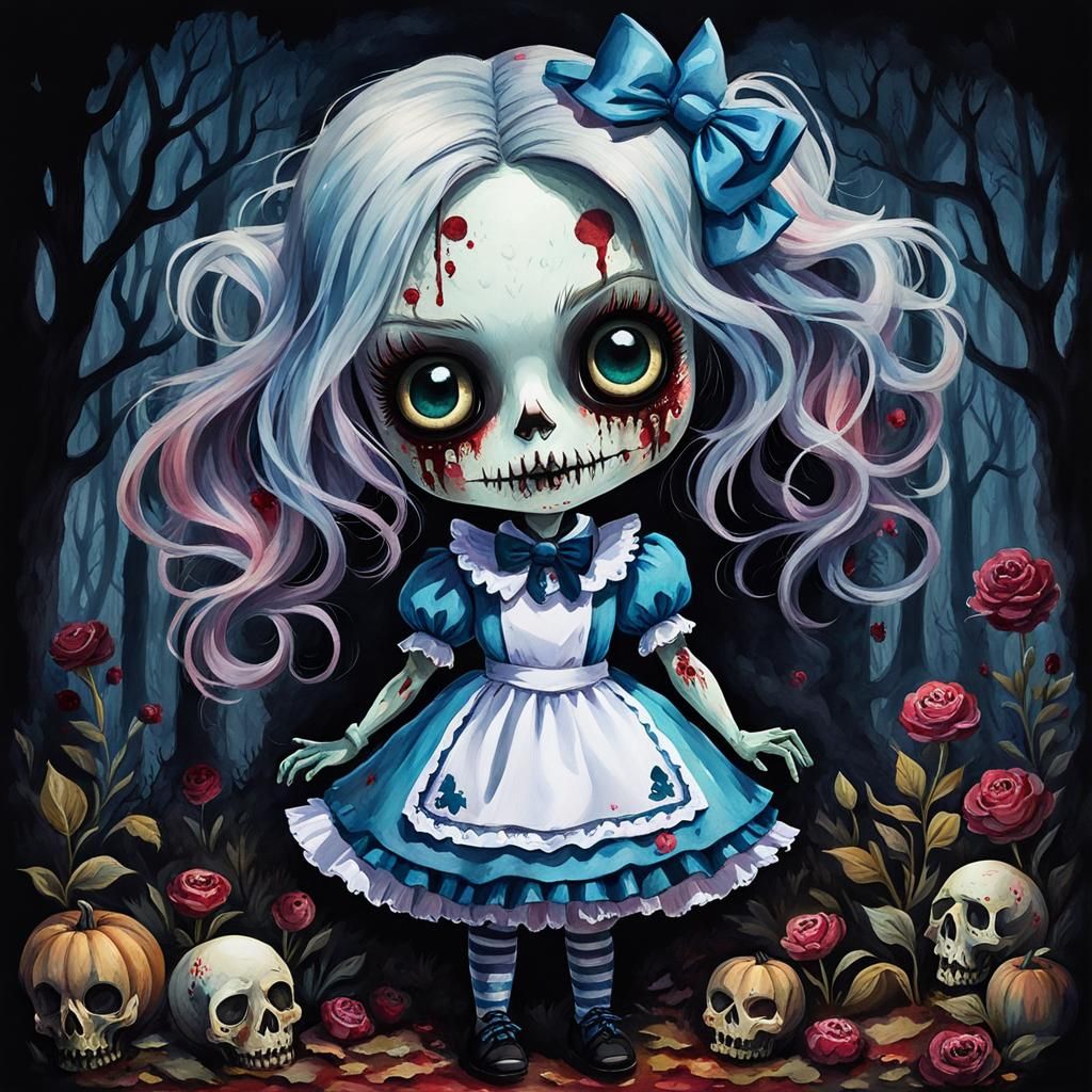 Chibi Zombie Alice in Wonderland Gouache Painting
