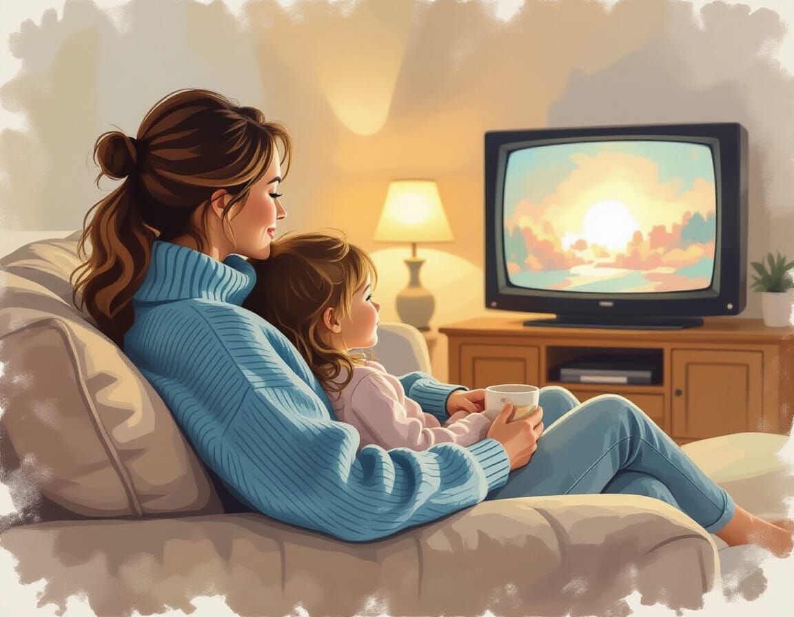 Cozy Mother and Daughter Watching TV in Warm Living Room