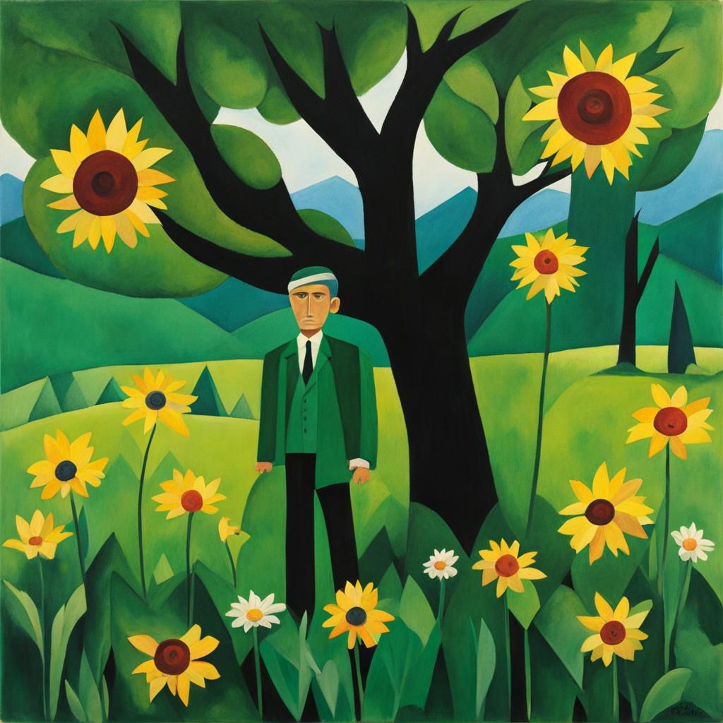 Cubist Frankenstein Monster and Girl in Field