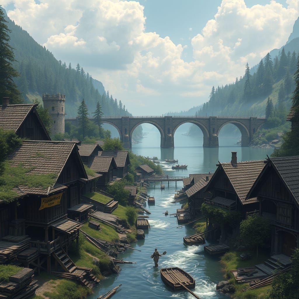 Medieval Fantasy River Scene in Photorealistic Digital Paint