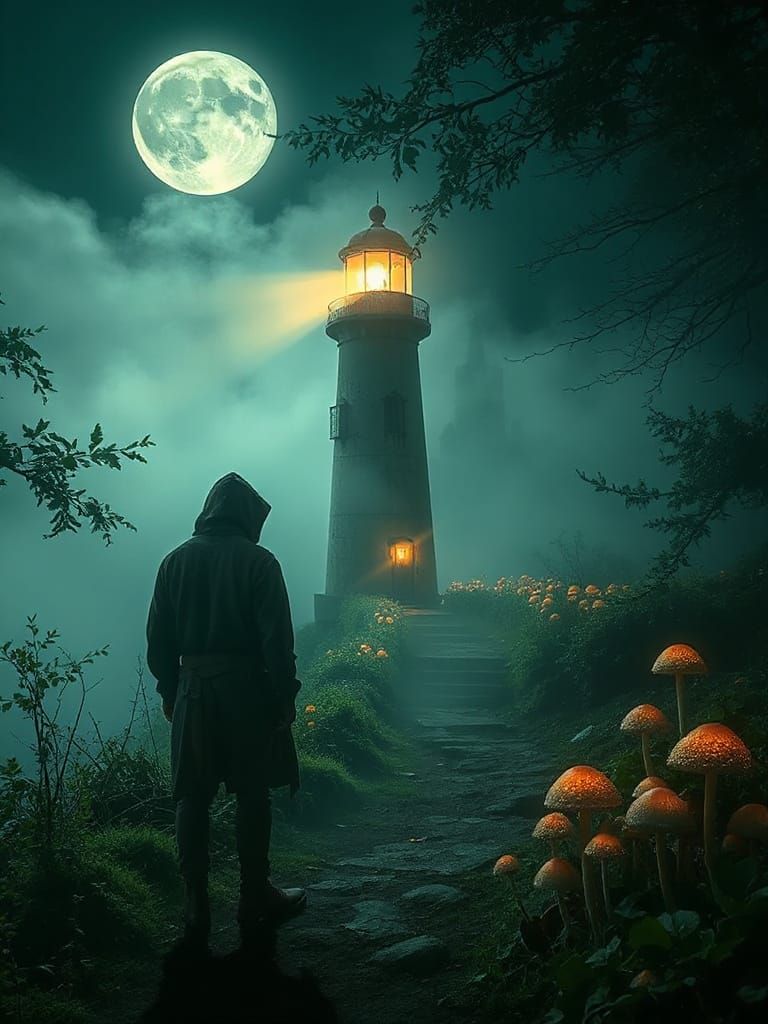 Mystical Lighthouse in Emerald Forest, Cinematic Lighting