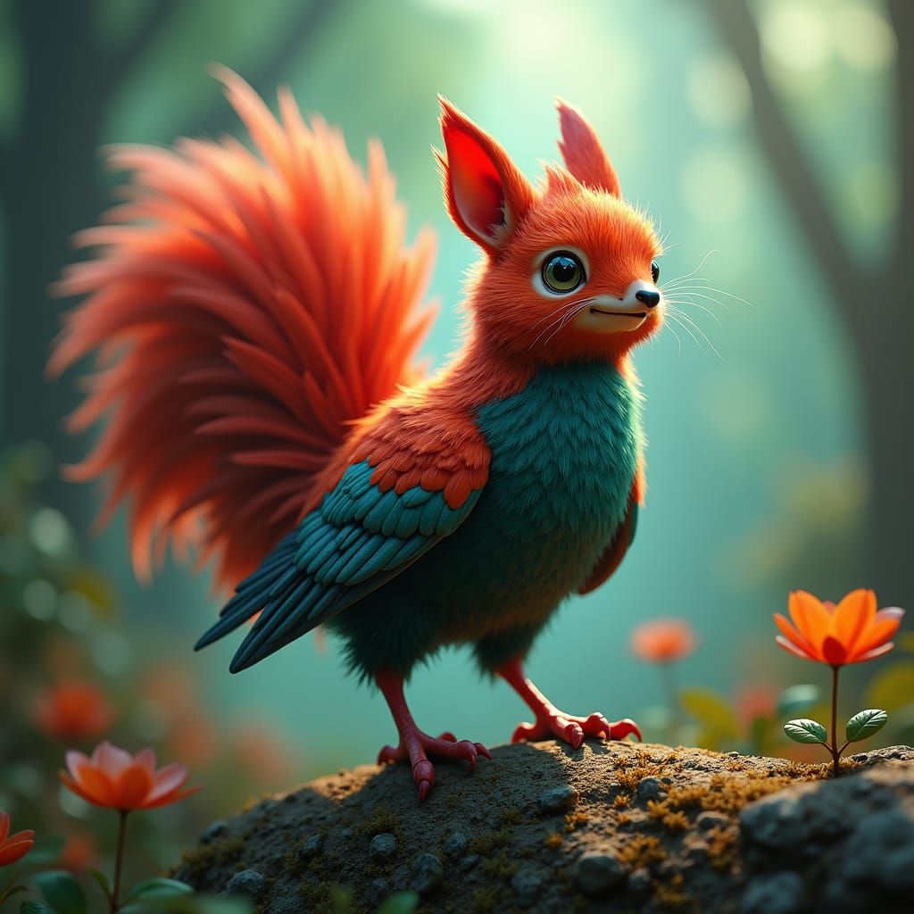 Whimsical Squirrel-Raven-Rooster Creature in Fantasy Style