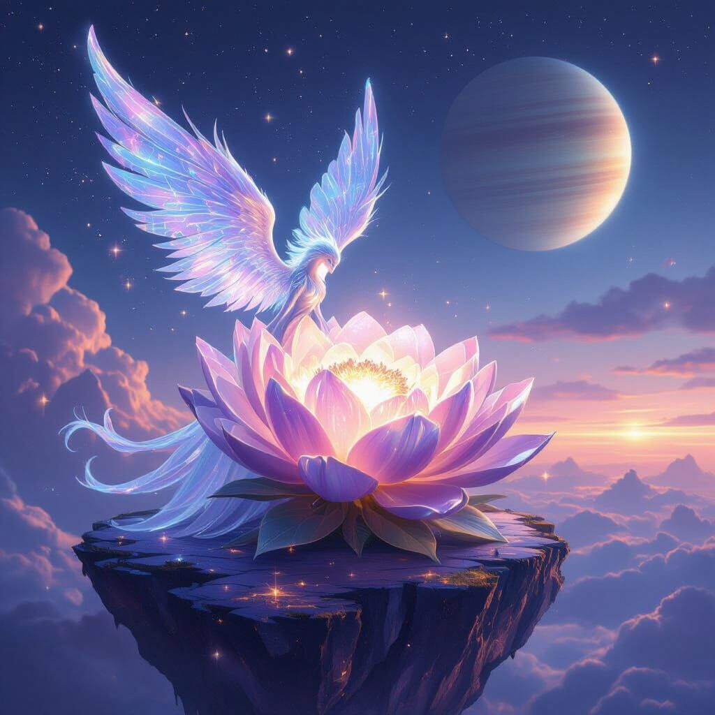 Ethereal Nebula Creature Guards Cosmic Flower in Digital Pai...