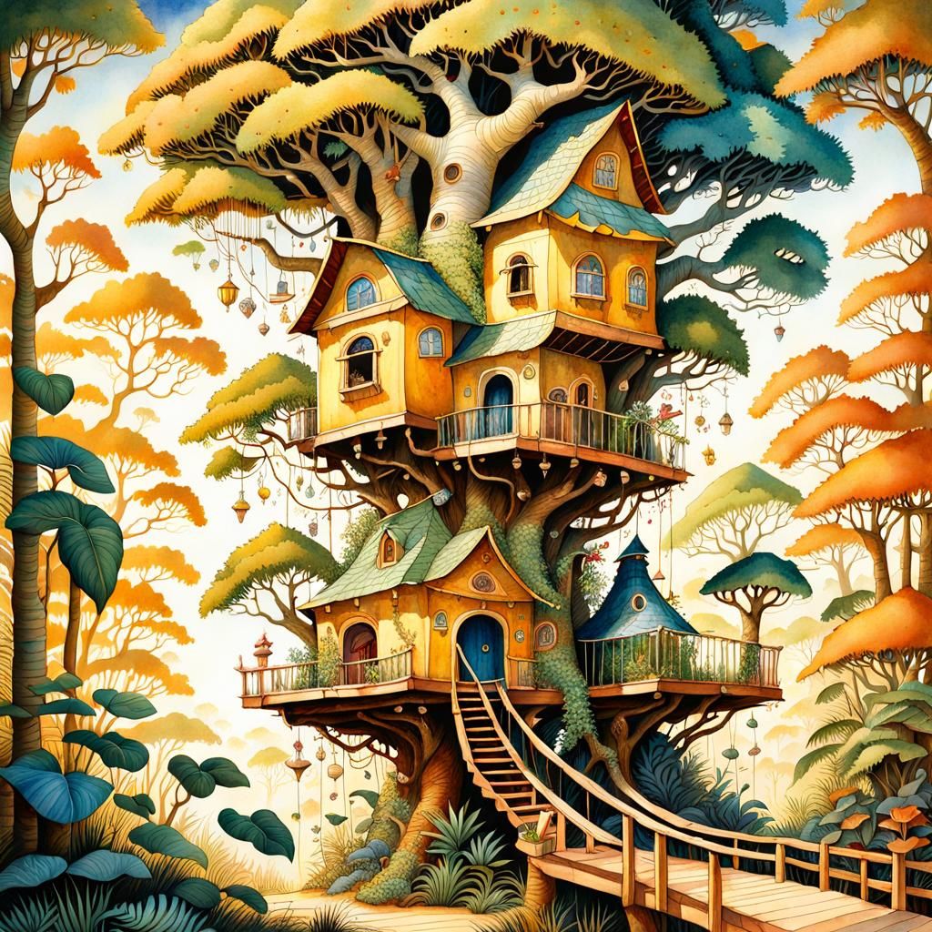 Magical Jungle Treehouse Watercolor Art