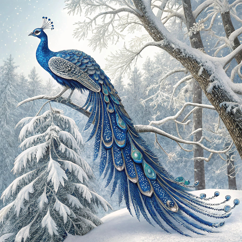 Blue Peacock in Snowy Tree: Digital Oil Painting