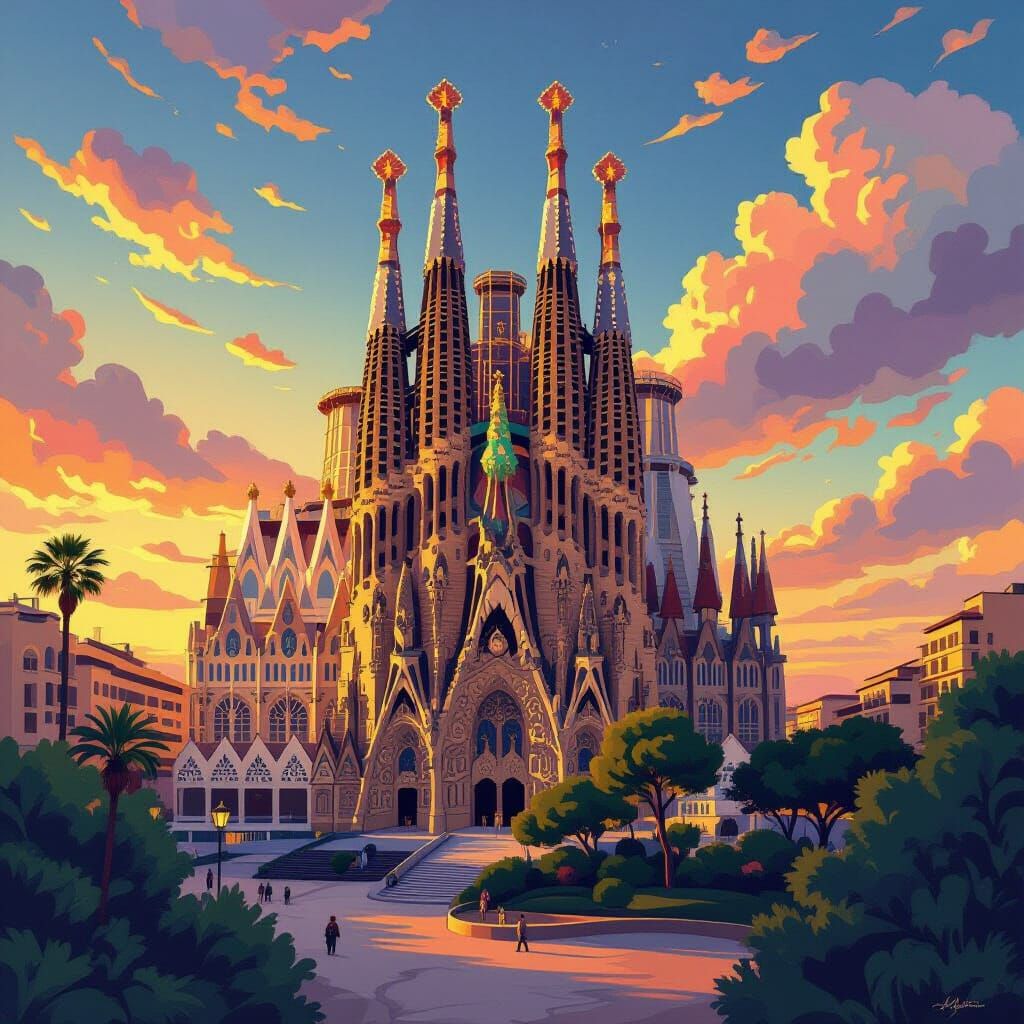 Art Nouveau Barcelona Cityscape in Golden Hour Light