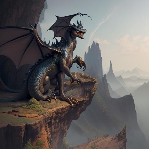 Toothless Dragon on Cliff Edge: Fantasy Art
