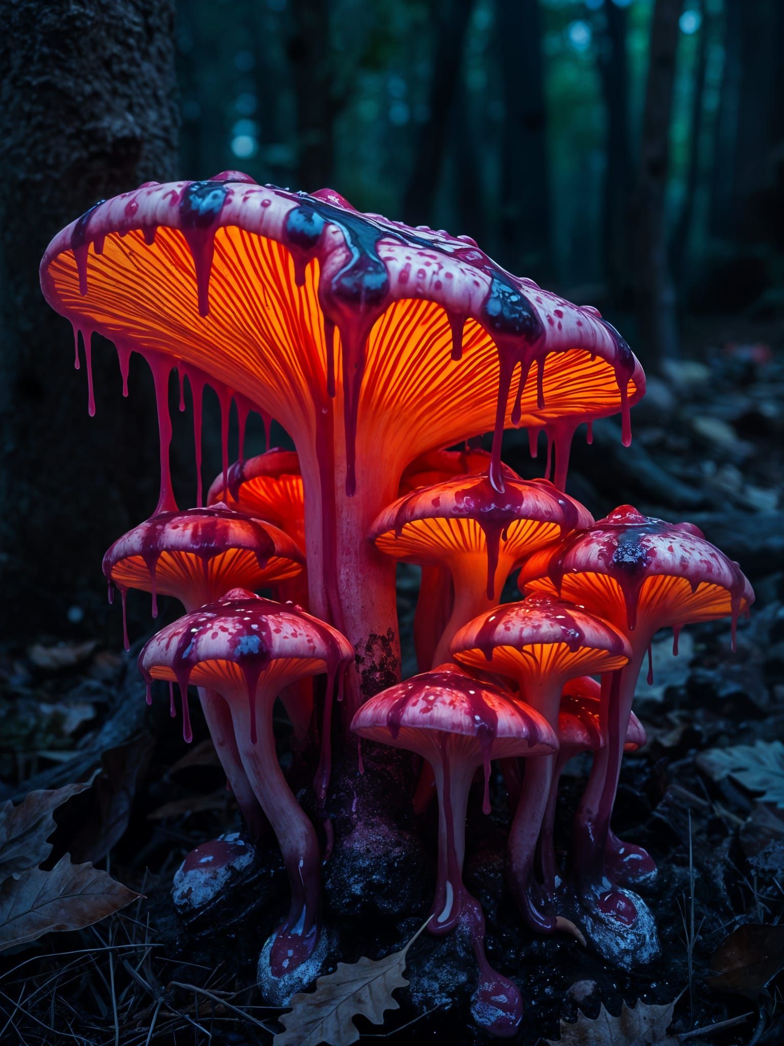 Mystical Forest of Dripping Paint and Glowing Fungus