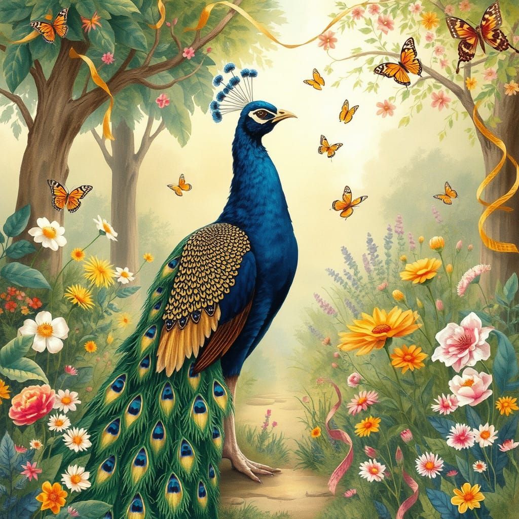 Whimsical Peacock in a Floral Wonderland with William Morris...