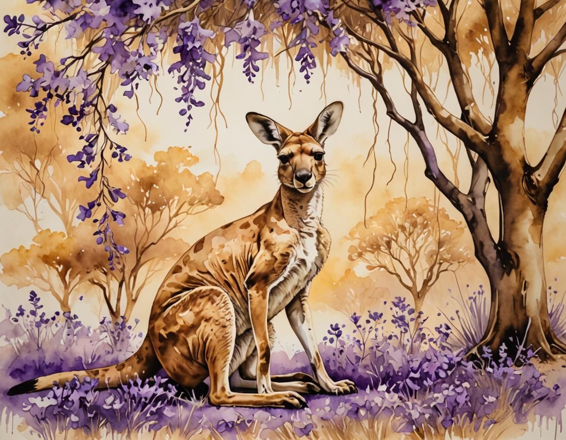 Kangaroo Resting Under Jacaranda Tree: Watercolor Art