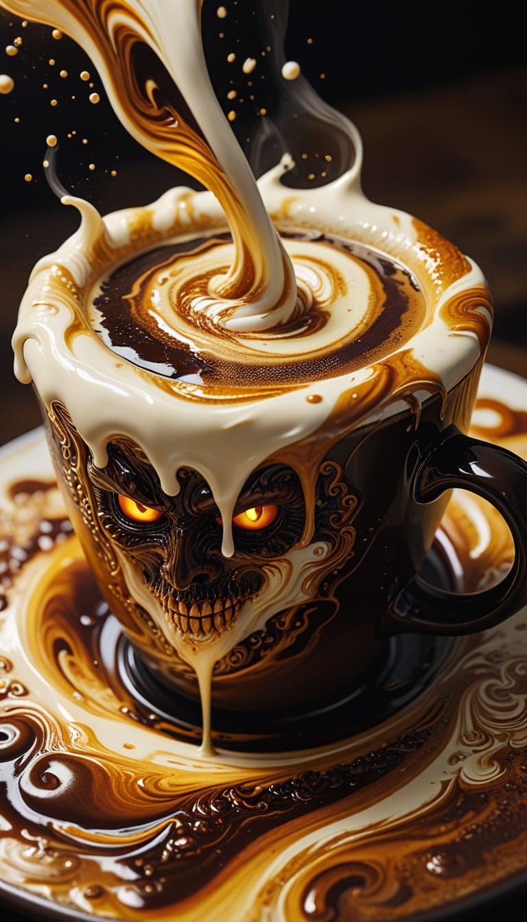 Coffee Demon Dye-Transfer Masterpiece with Flowing Cream