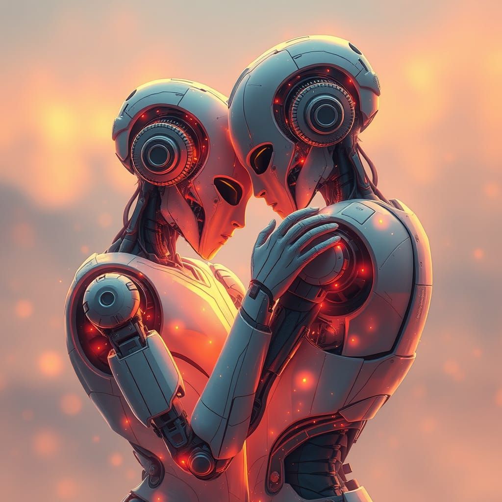 Robotic Androids Embrace in Warm, Ethereal Light