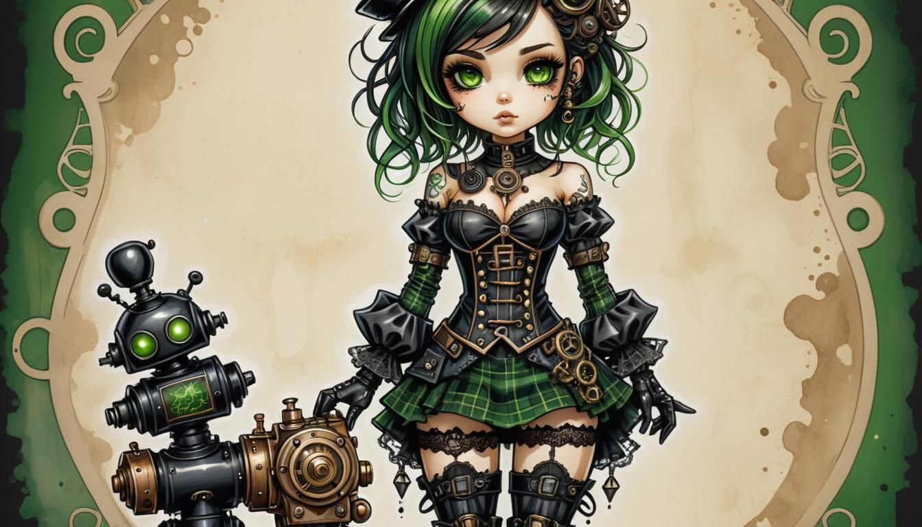 Steampunk Chibi Girl with Robot in Impasto Style