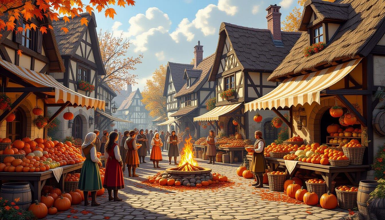 Medieval Harvest Festival with Bonfire and Autumn Abundance