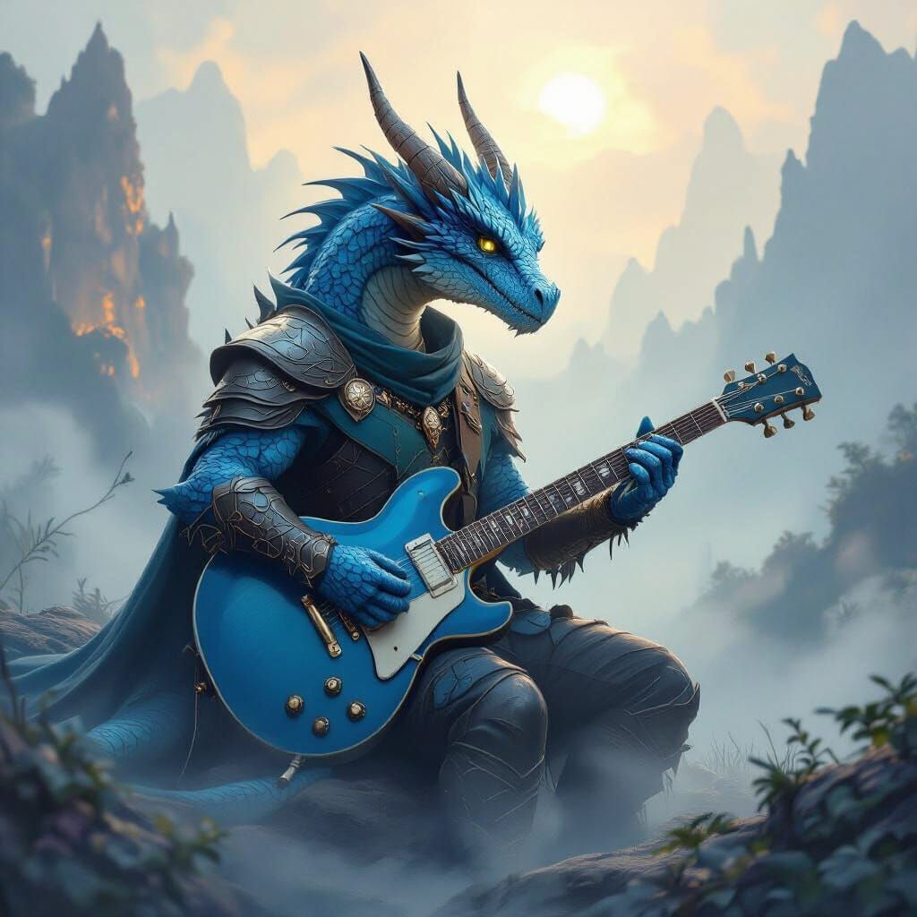 Blue Dragonborn Bard Plays Guitar in Misty Fantasy Landscape