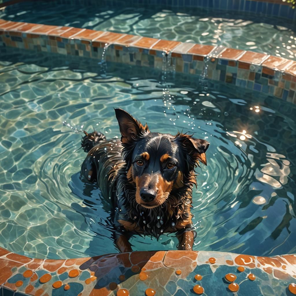Dog Leans on Pool Edge: Photorealistic Fantasy Art