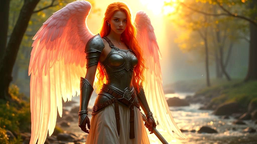 Aasimar Priestess with Angel Wings in Forest Glade