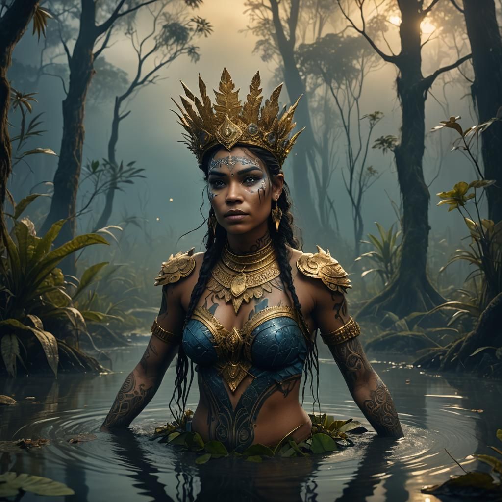 Aboriginal Warrior Princess in Misty Swamp