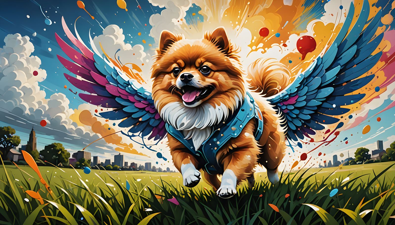 Flying Pomeranian in Mid-Air, Set Against a Colorful Street ...