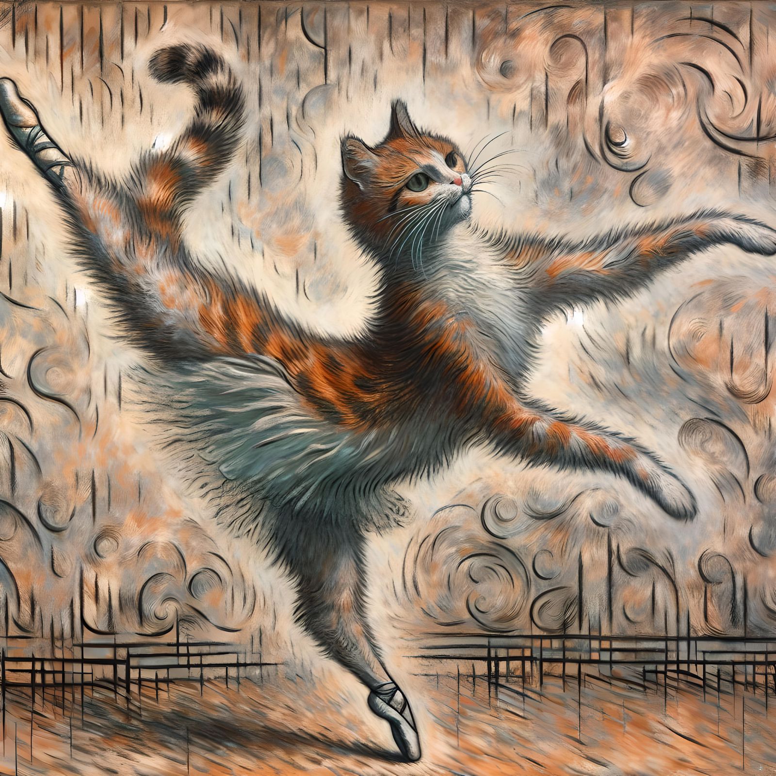 Ballet-Dancing Cat in Degas Expressionist Style