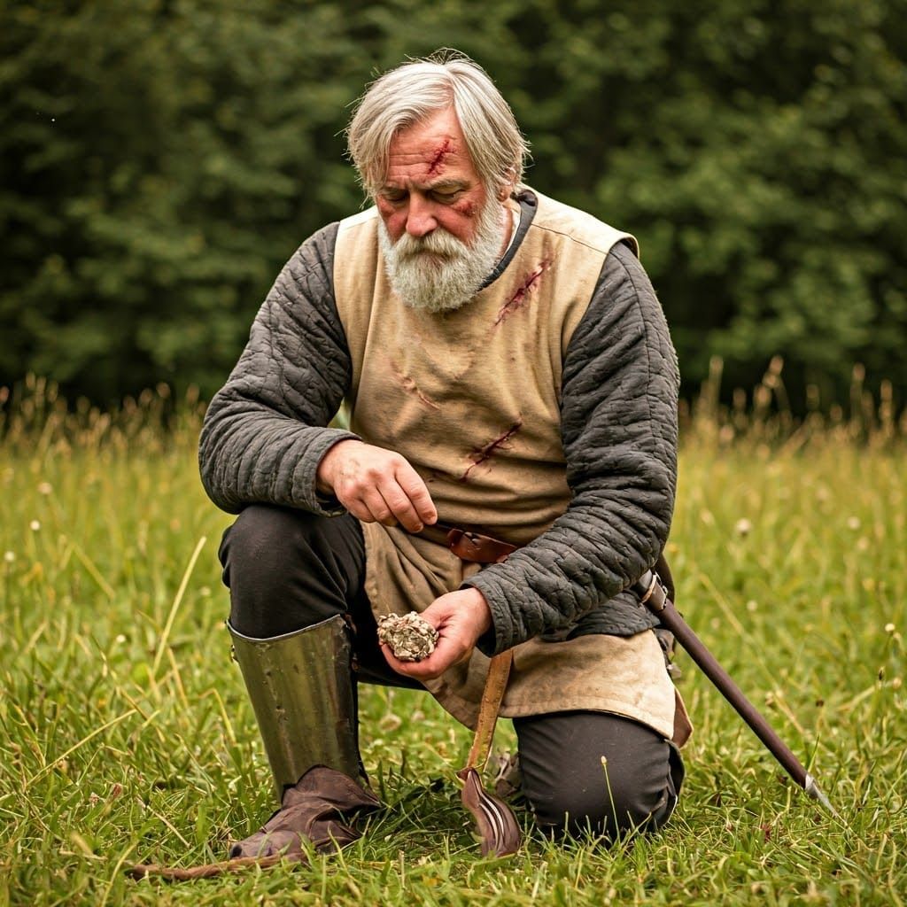 Medieval Warrior Feeds a Chipmunk in a Lush Pasture