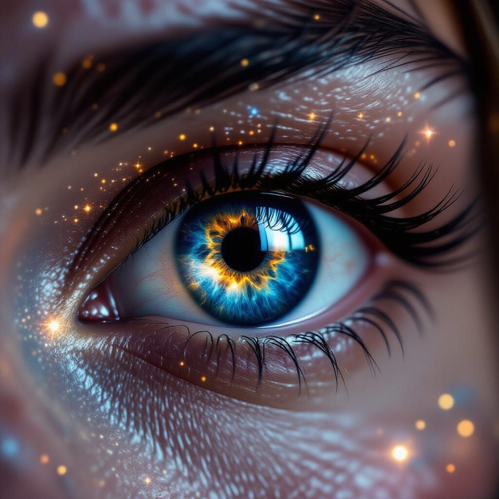 Nebula Reflected in Human Eye with Glowing Constellations