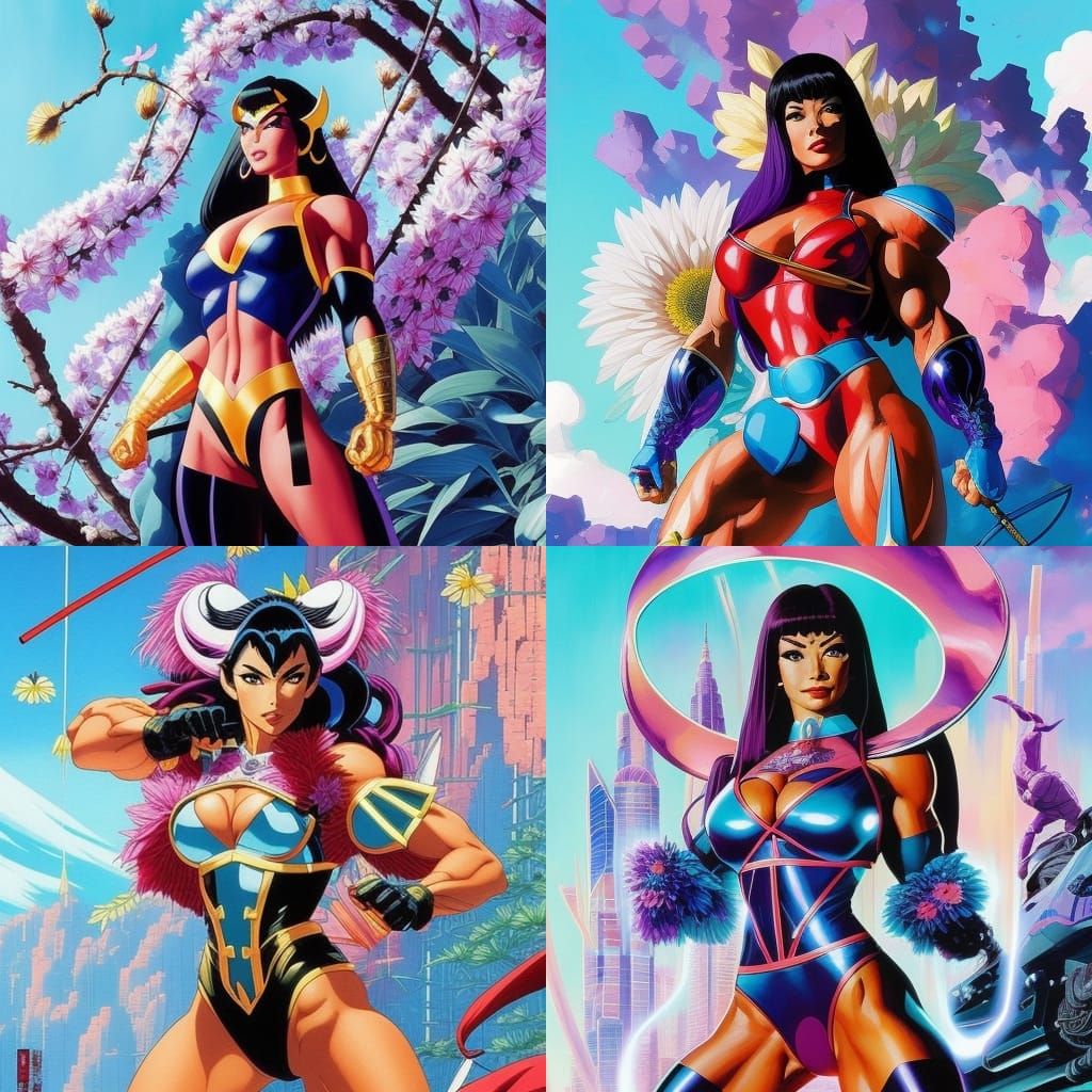 Anime Muscle Woman in Surrealist Floral Landscape