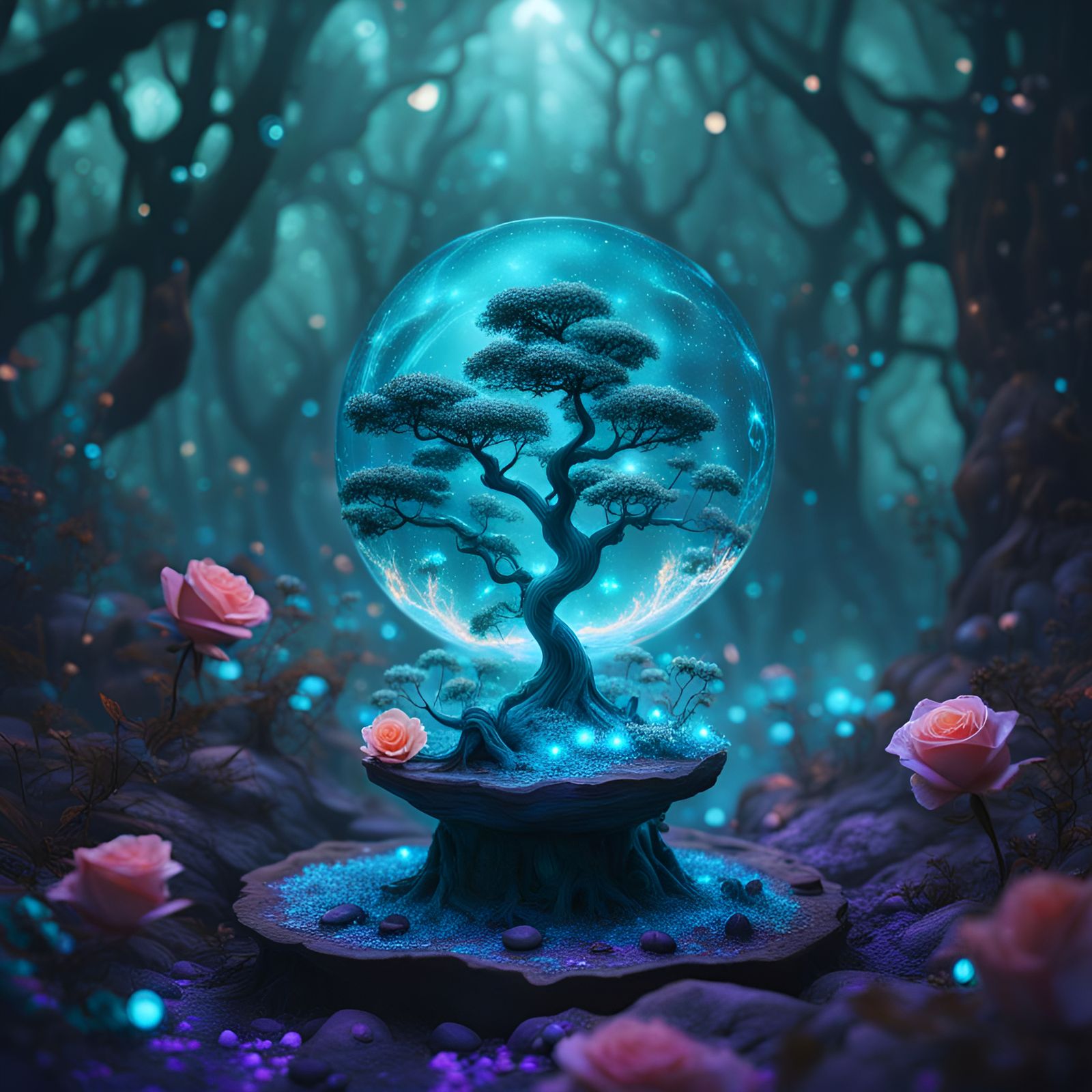 Bioluminescent Forest on Mars with Roses