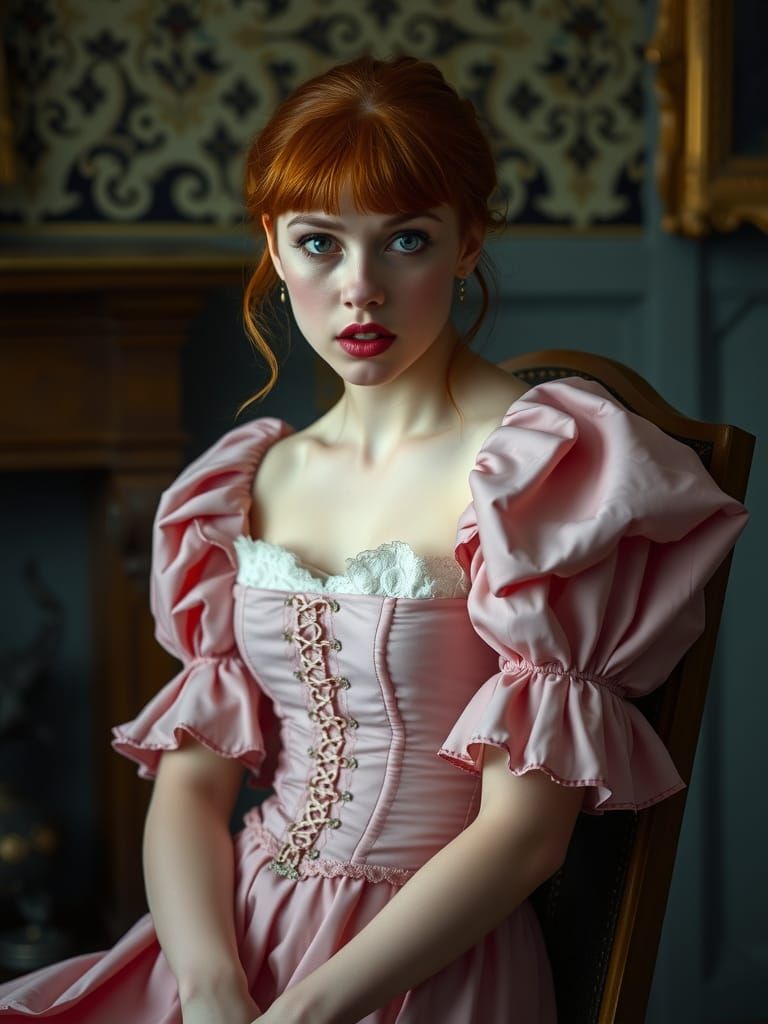 Ginger-Haired Woman in Pink Dress and Corset