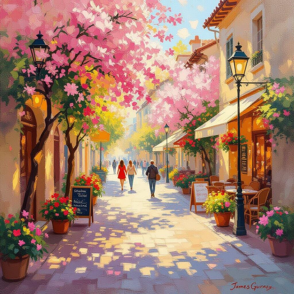 Impressionist Street Scene with Flowers in Bloom