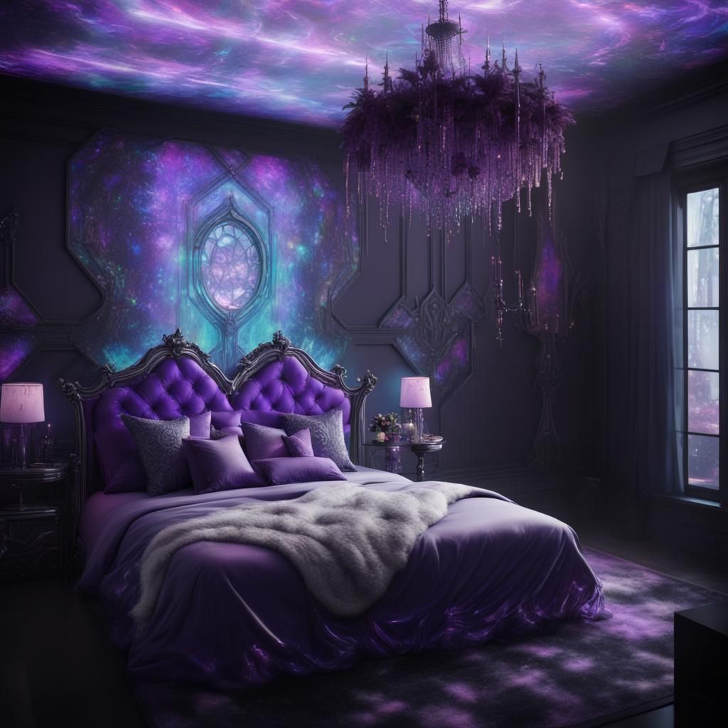 Epic holographic purple gothic bedroom with holographic purp...