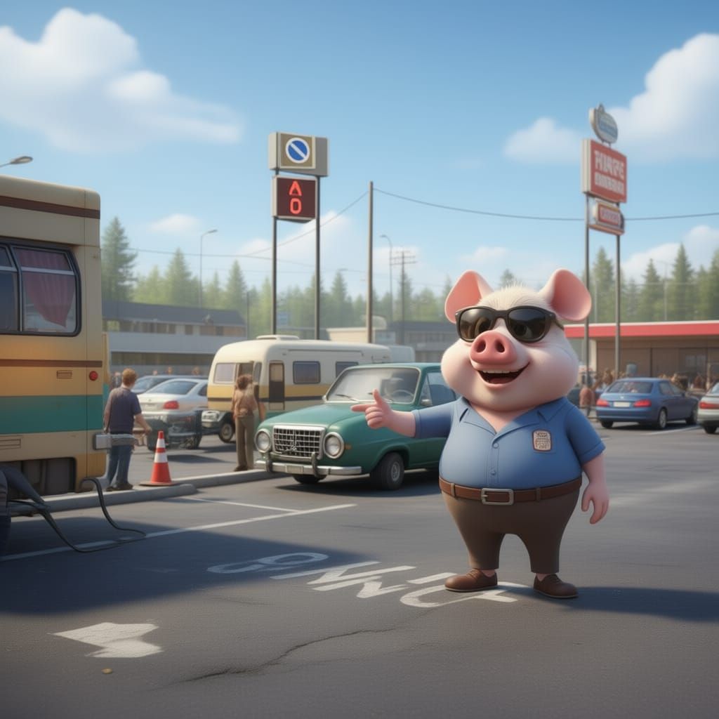 Papa Pig Directs Traffic in Parking Lot