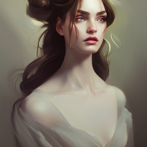 Modern day bride. She has pale white skin. Big lips. She has light brown hair. Hair wavy. Green grey eye. Oval face shap...