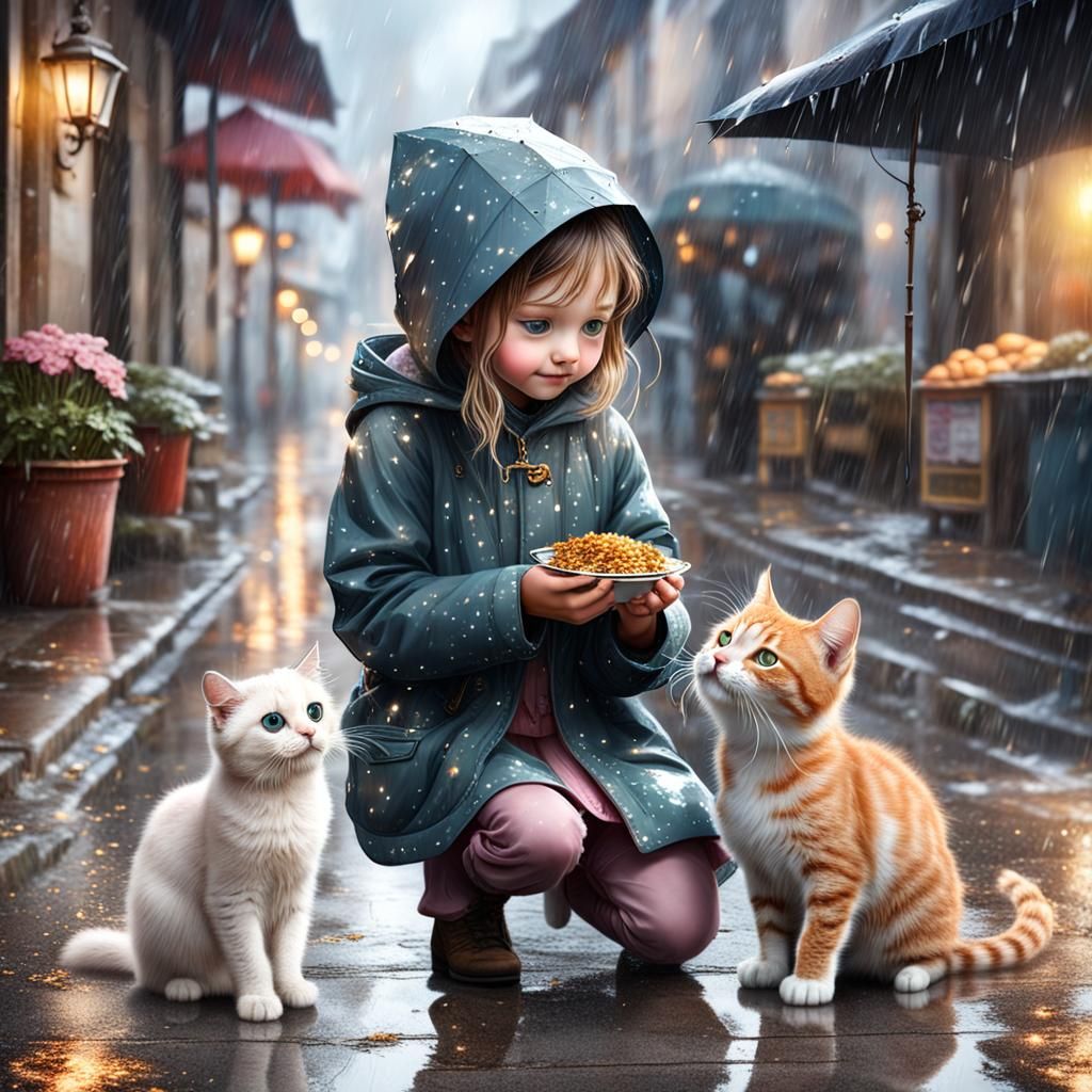 Girl Helping Cat on Rainy Street with Sparkles