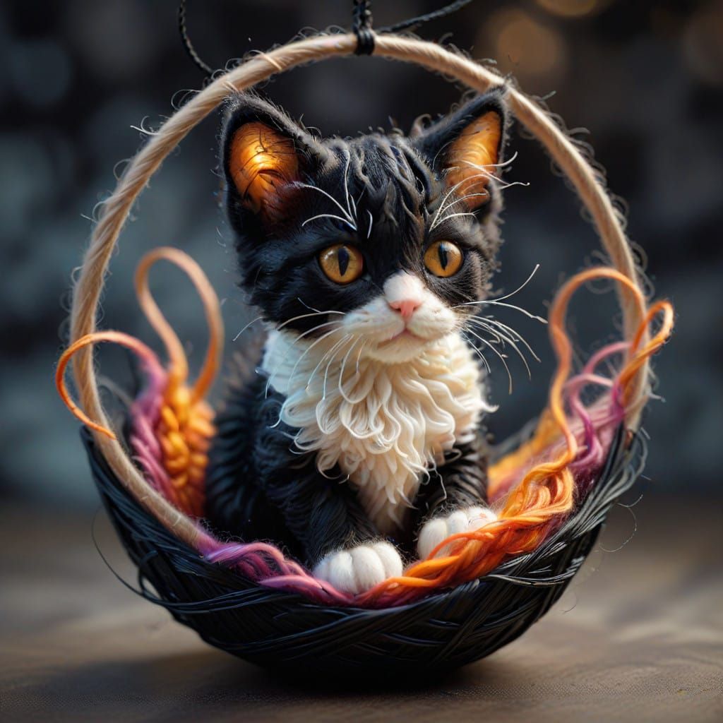 Unraveling colorful felted wool art of a Calico Kitten entan...
