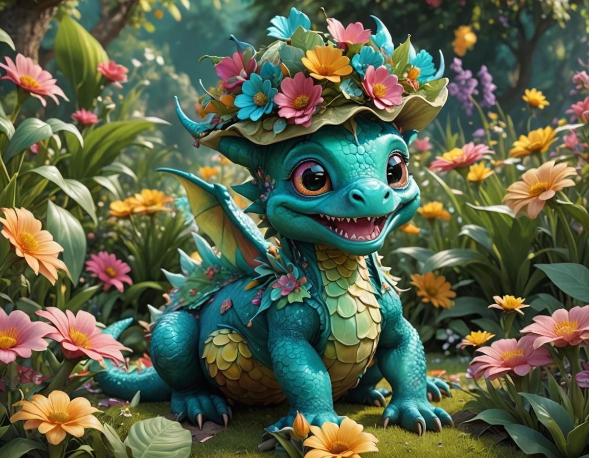 cartoon CGI amazingly cute teal baby dragon with huge happy ...