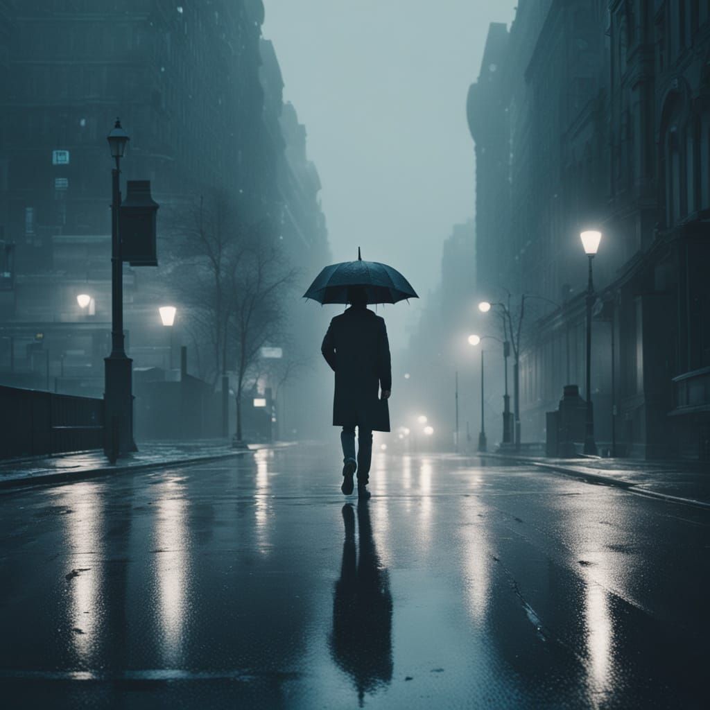 Moody Film Noir Cityscape in Rain