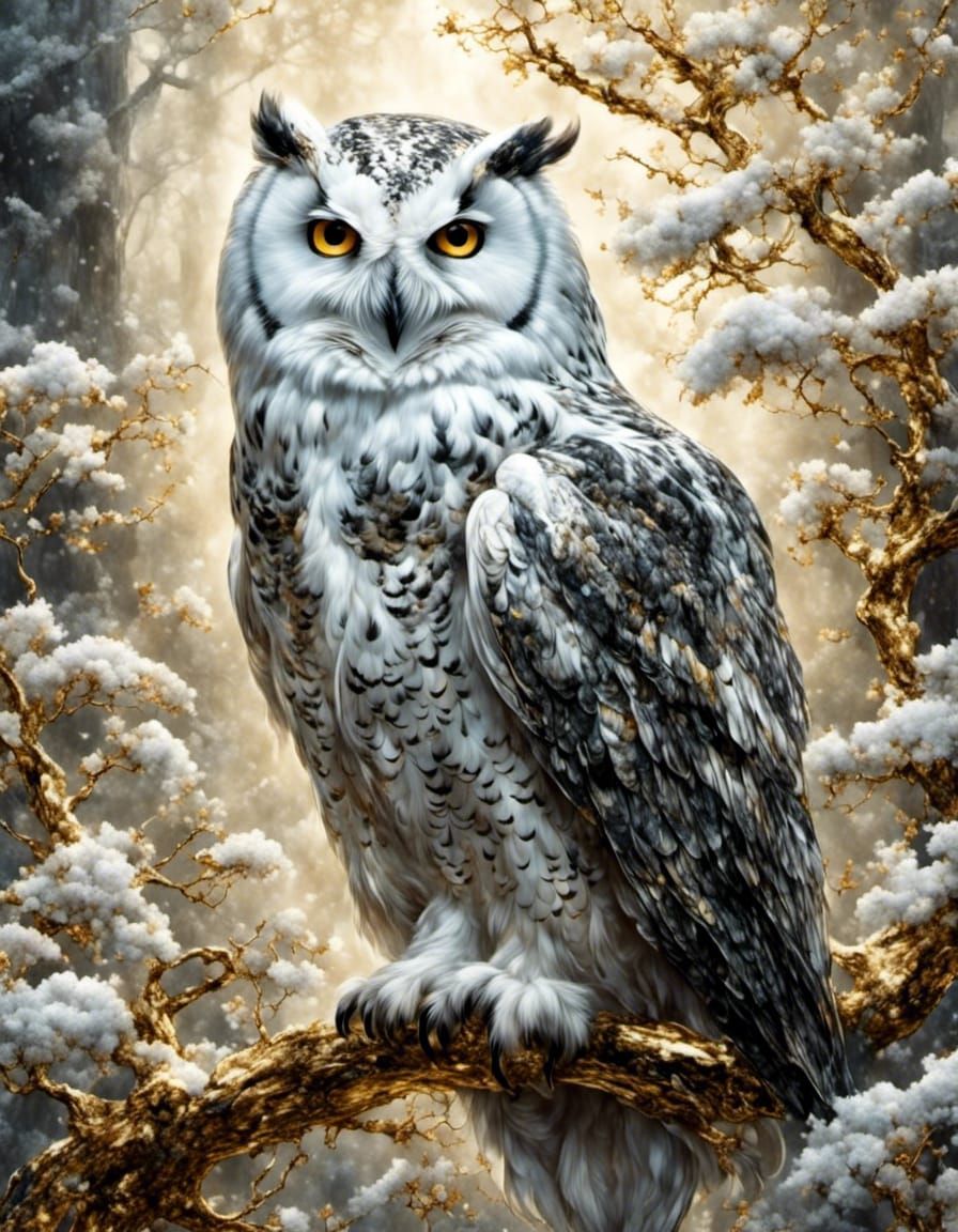 Hyperrealistic Snow Owl with Gold Inlay
